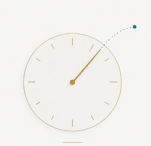 A clock face with its hand extending past the dial and curving upward beyond the edge