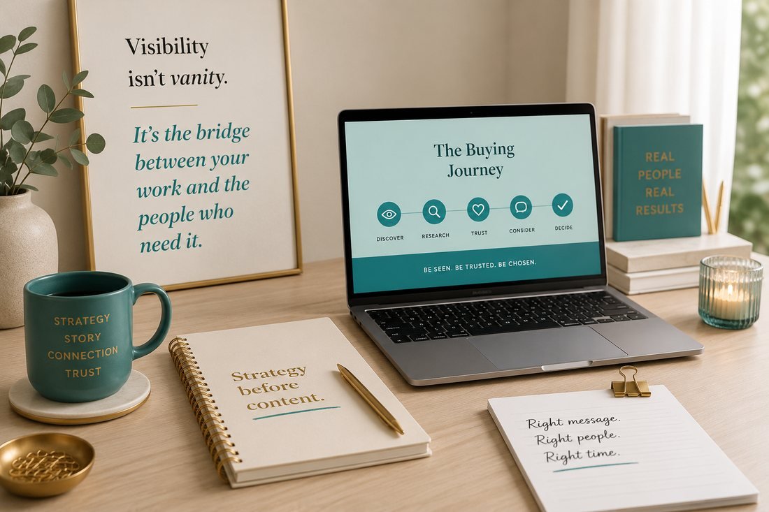A desk with a laptop showing the buying journey from discover to research to trust to consider to decide, beside a framed print reading visibility isn't vanity