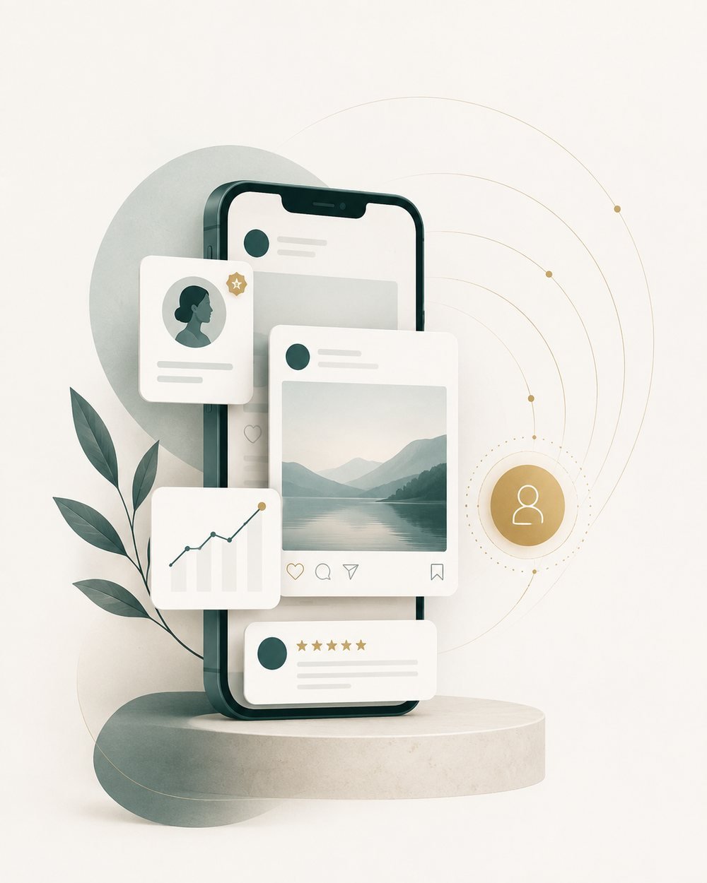 A phone displaying a social profile surrounded by floating cards for a profile, engagement growth, and a five star review